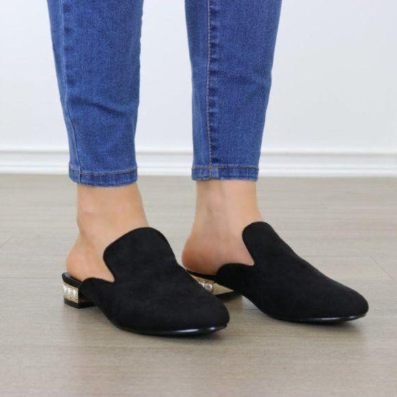 Suede Slip On Loafer Mule Pearl Accents On Heel - Picture 11 of 12
